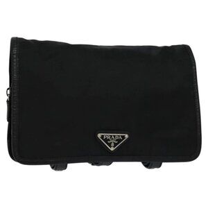 PRADA Clutch Bag Nylon Leather Black Silver Auth 113740